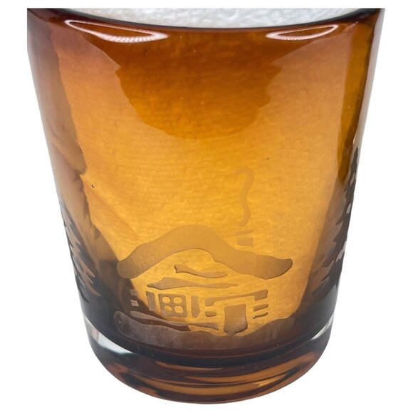 Homestudio Woodland Tumblers 4.25” Amber Etched Cabin Thick Glass Set of 2 - Picture 4 of 12